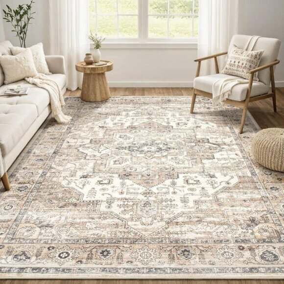 New 5x7 Washable Vintage Rug Non-Slip Low Pile Farmhouse Carpet - Tea Brown